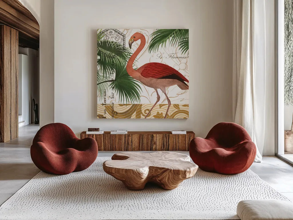 Flamingo Curiosity II by Sue Schlabach. Shown as extra-large giant wall art in a modern living room. Available as an archival giclee rolled canvas, fine art paper, or poster print. SKU 13428a.