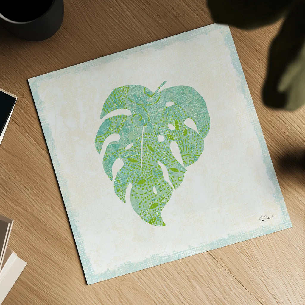 Flamingo Tropicale VIII by Sue Schlabach. Shown as a detailed flat fine art print, highlighting archival giclee quality. Available as an archival giclee rolled canvas, fine art paper, or poster print. SKU 24978a.