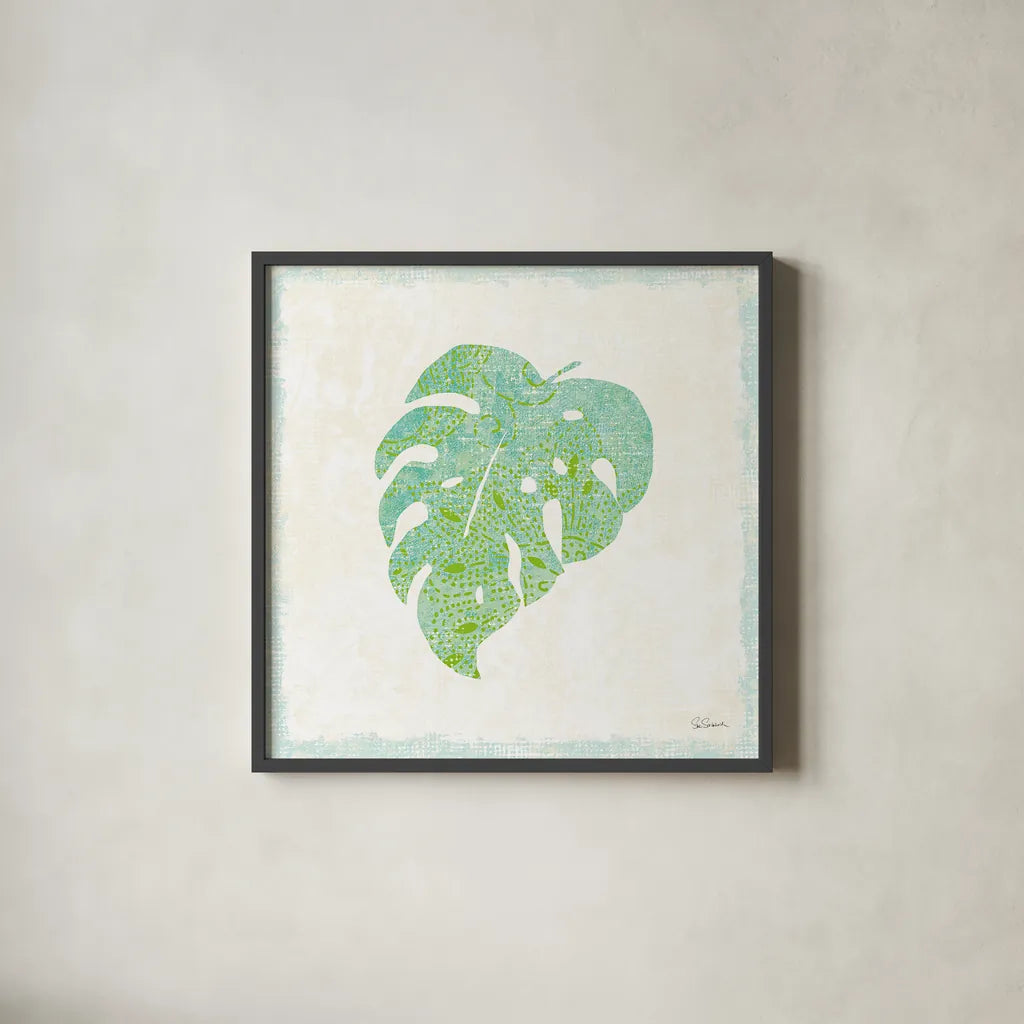 Flamingo Tropicale VIII by Sue Schlabach. Shown in a sleek black glass frame for a contemporary gallery look. Available as an archival giclee rolled canvas, fine art paper, or poster print. SKU 24978a.