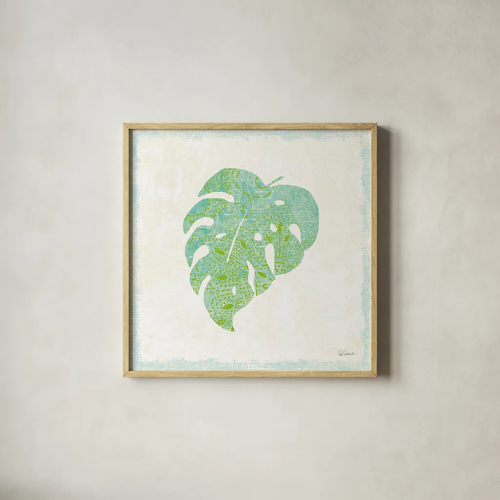 Flamingo Tropicale VIII by Sue Schlabach. Shown in a natural wood glass frame for a timeless modern aesthetic. Available as an archival giclee rolled canvas, fine art paper, or poster print. SKU 24978a.