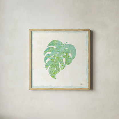 Flamingo Tropicale VIII by Sue Schlabach. Shown in a natural wood glass frame for a timeless modern aesthetic. Available as an archival giclee rolled canvas, fine art paper, or poster print. SKU 24978a.