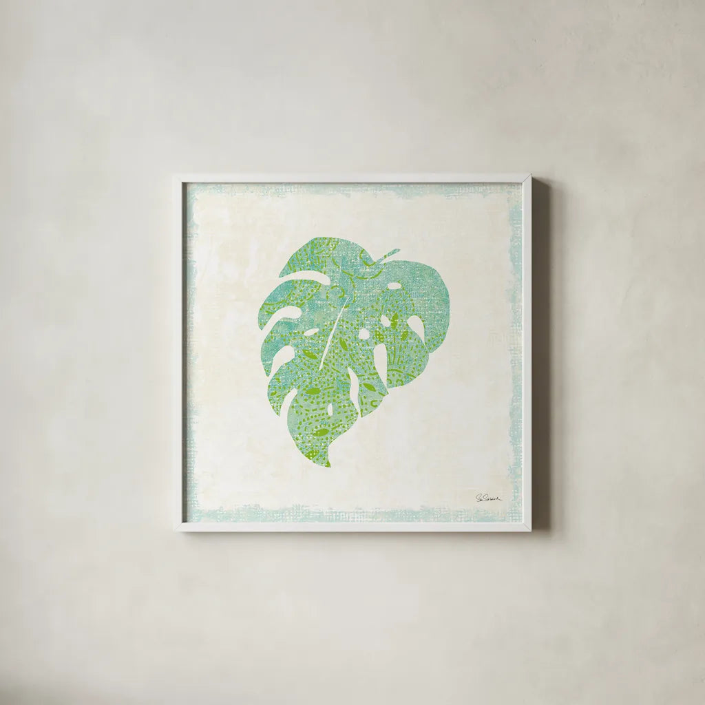 Flamingo Tropicale VIII by Sue Schlabach. Shown in a crisp white glass frame for a clean and minimalist style. Available as an archival giclee rolled canvas, fine art paper, or poster print. SKU 24978a.