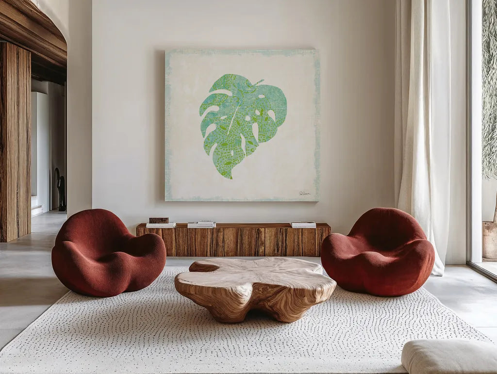 Flamingo Tropicale VIII by Sue Schlabach. Shown as extra-large giant wall art in a modern living room. Available as an archival giclee rolled canvas, fine art paper, or poster print. SKU 24978a.