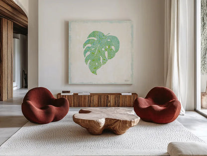 Flamingo Tropicale VIII by Sue Schlabach. Shown as extra-large giant wall art in a modern living room. Available as an archival giclee rolled canvas, fine art paper, or poster print. SKU 24978a.