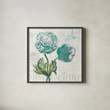 Floral Messages on Wood I Blue by Sue Schlabach. Shown in a sleek black glass frame for a contemporary gallery look. Available as an archival giclee rolled canvas, fine art paper, or poster print. SKU 14567a.