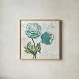 Floral Messages on Wood I Blue by Sue Schlabach. Shown in a natural wood glass frame for a timeless modern aesthetic. Available as an archival giclee rolled canvas, fine art paper, or poster print. SKU 14567a.