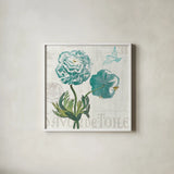 Floral Messages on Wood I Blue by Sue Schlabach. Shown in a crisp white glass frame for a clean and minimalist style. Available as an archival giclee rolled canvas, fine art paper, or poster print. SKU 14567a.