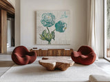 Floral Messages on Wood I Blue by Sue Schlabach. Shown as extra-large giant wall art in a modern living room. Available as an archival giclee rolled canvas, fine art paper, or poster print. SKU 14567a.