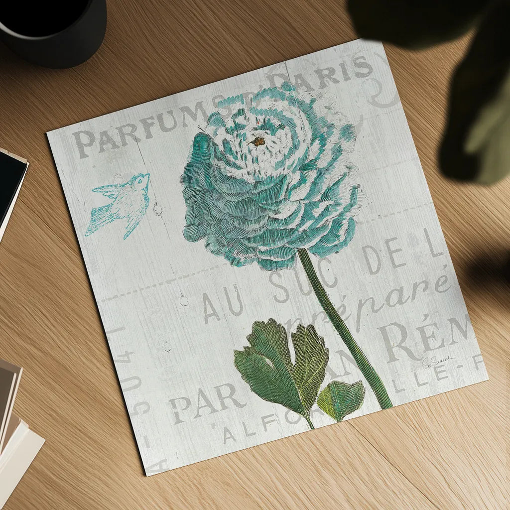 Floral Messages on Wood II Blue by Sue Schlabach. Shown as a detailed flat fine art print, highlighting archival giclee quality. Available as an archival giclee rolled canvas, fine art paper, or poster print. SKU 14568a.