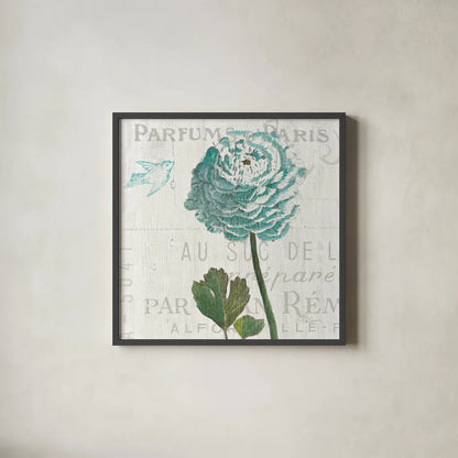 Floral Messages on Wood II Blue by Sue Schlabach. Shown in a sleek black glass frame for a contemporary gallery look. Available as an archival giclee rolled canvas, fine art paper, or poster print. SKU 14568a.
