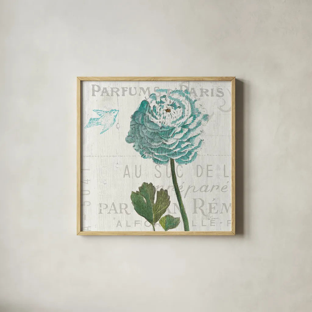 Floral Messages on Wood II Blue by Sue Schlabach. Shown in a natural wood glass frame for a timeless modern aesthetic. Available as an archival giclee rolled canvas, fine art paper, or poster print. SKU 14568a.