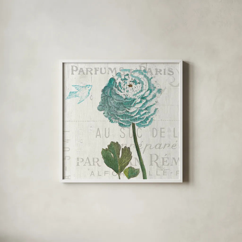 Floral Messages on Wood II Blue by Sue Schlabach. Shown in a crisp white glass frame for a clean and minimalist style. Available as an archival giclee rolled canvas, fine art paper, or poster print. SKU 14568a.