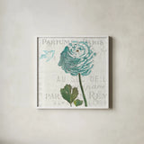 Floral Messages on Wood II Blue by Sue Schlabach. Shown in a crisp white glass frame for a clean and minimalist style. Available as an archival giclee rolled canvas, fine art paper, or poster print. SKU 14568a.