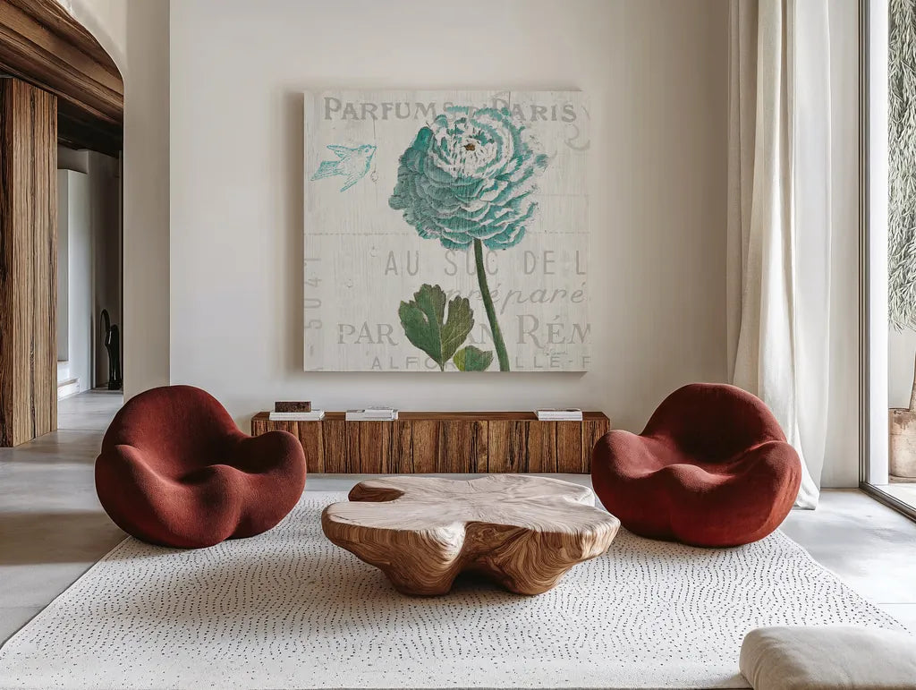 Floral Messages on Wood II Blue by Sue Schlabach. Shown as extra-large giant wall art in a modern living room. Available as an archival giclee rolled canvas, fine art paper, or poster print. SKU 14568a.