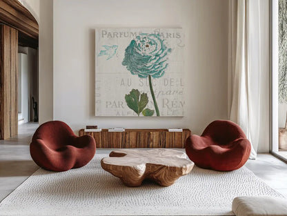 Floral Messages on Wood II Blue by Sue Schlabach. Shown as extra-large giant wall art in a modern living room. Available as an archival giclee rolled canvas, fine art paper, or poster print. SKU 14568a.