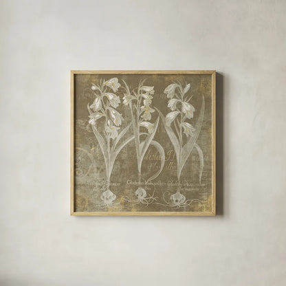 Flower Lines I by Sue Schlabach. Shown in a natural wood glass frame for a timeless modern aesthetic. Available as an archival giclee rolled canvas, fine art paper, or poster print. SKU 18974a.