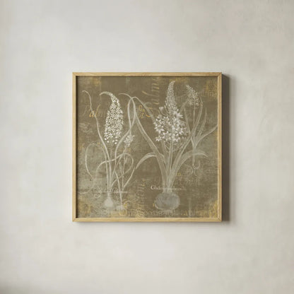 Flower Lines IV by Sue Schlabach. Shown in a natural wood glass frame for a timeless modern aesthetic. Available as an archival giclee rolled canvas, fine art paper, or poster print. SKU 85670a.