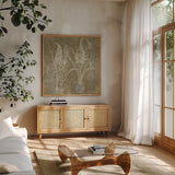 Flower Lines IV by Sue Schlabach. Shown in a natural wood frame in a cozy modern living room. Available as an archival giclee rolled canvas, fine art paper, or poster print. SKU 85670a.
