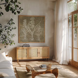 Flower Lines V by Sue Schlabach. Shown in a natural wood frame in a cozy modern living room. Available as an archival giclee rolled canvas, fine art paper, or poster print. SKU 85671a.