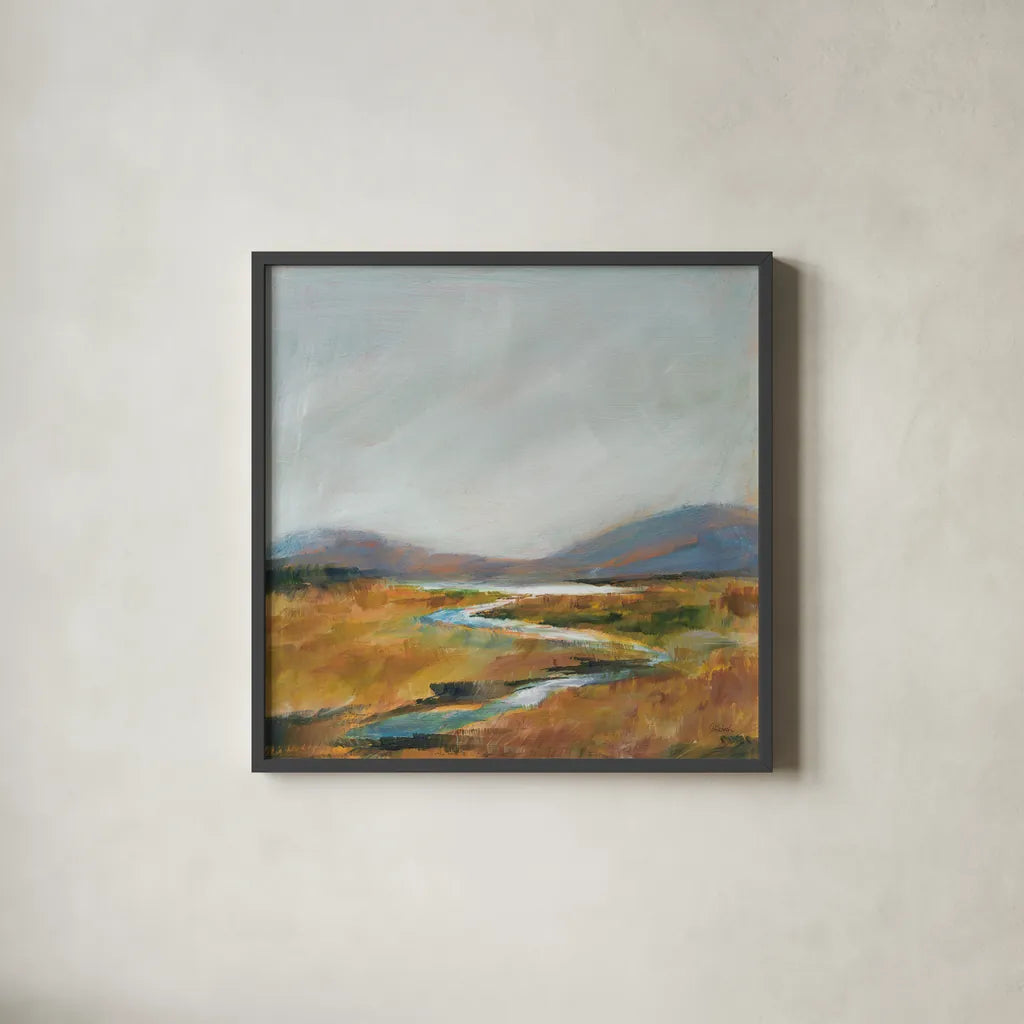 Fragile Wetland by Sue Schlabach. Shown in a sleek black glass frame for a contemporary gallery look. Available as an archival giclee rolled canvas, fine art paper, or poster print. SKU 71539a.