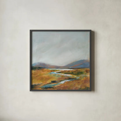 Fragile Wetland by Sue Schlabach. Shown in a sleek black glass frame for a contemporary gallery look. Available as an archival giclee rolled canvas, fine art paper, or poster print. SKU 71539a.