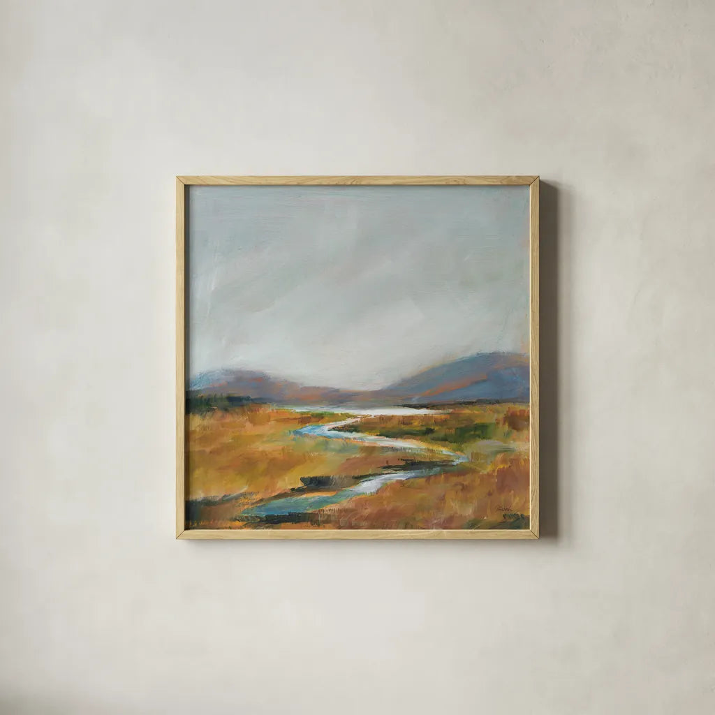 Fragile Wetland by Sue Schlabach. Shown in a natural wood glass frame for a timeless modern aesthetic. Available as an archival giclee rolled canvas, fine art paper, or poster print. SKU 71539a.