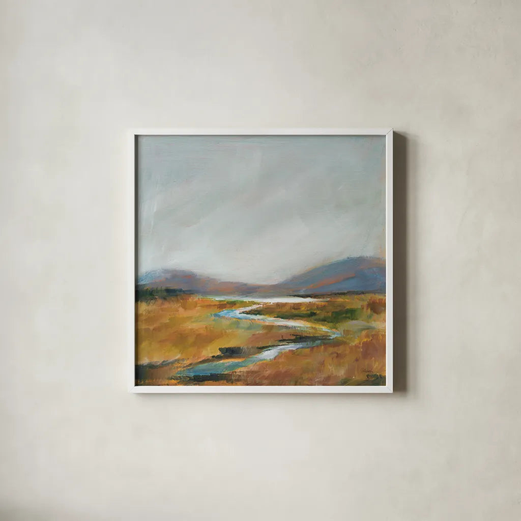 Fragile Wetland by Sue Schlabach. Shown in a crisp white glass frame for a clean and minimalist style. Available as an archival giclee rolled canvas, fine art paper, or poster print. SKU 71539a.