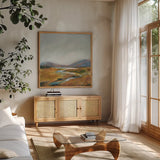 Fragile Wetland by Sue Schlabach. Shown in a natural wood frame in a cozy modern living room. Available as an archival giclee rolled canvas, fine art paper, or poster print. SKU 71539a.
