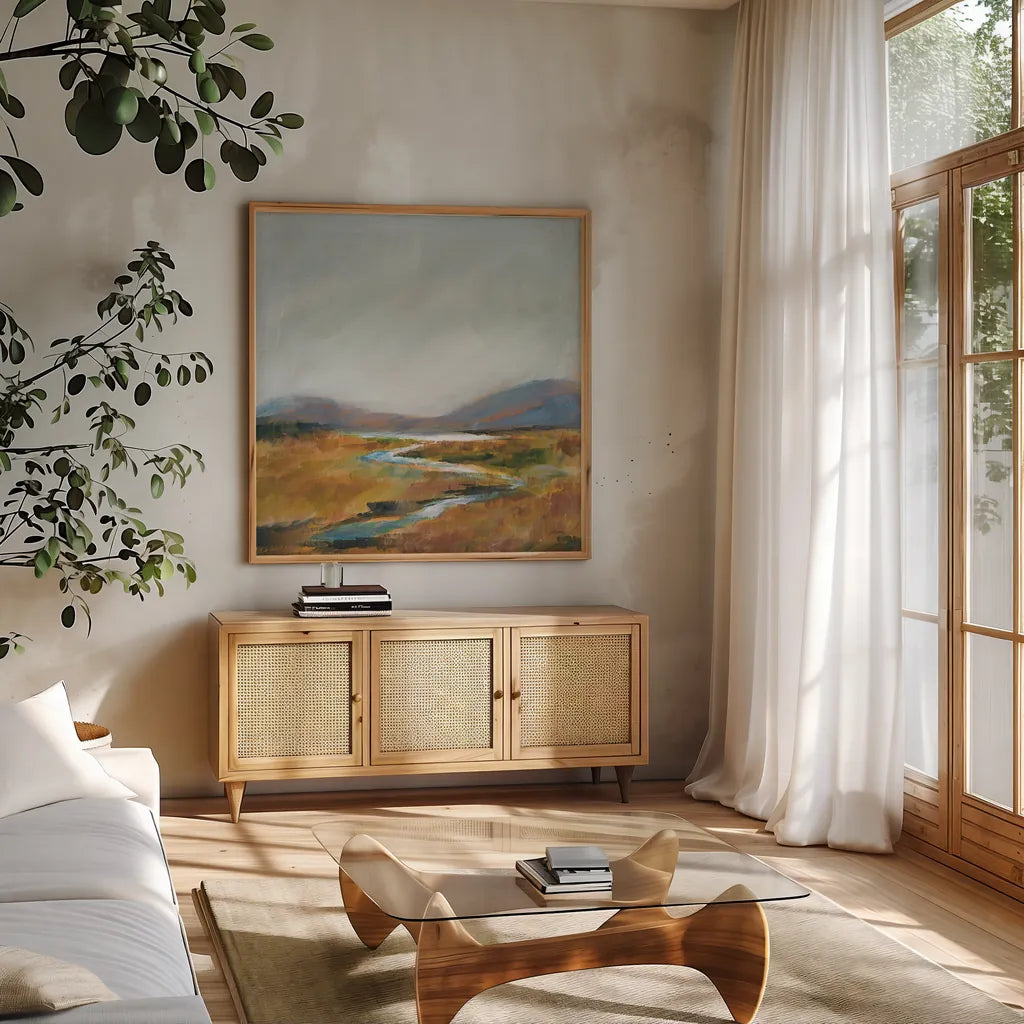 Fragile Wetland by Sue Schlabach. Shown in a natural wood frame in a cozy modern living room. Available as an archival giclee rolled canvas, fine art paper, or poster print. SKU 71539a.