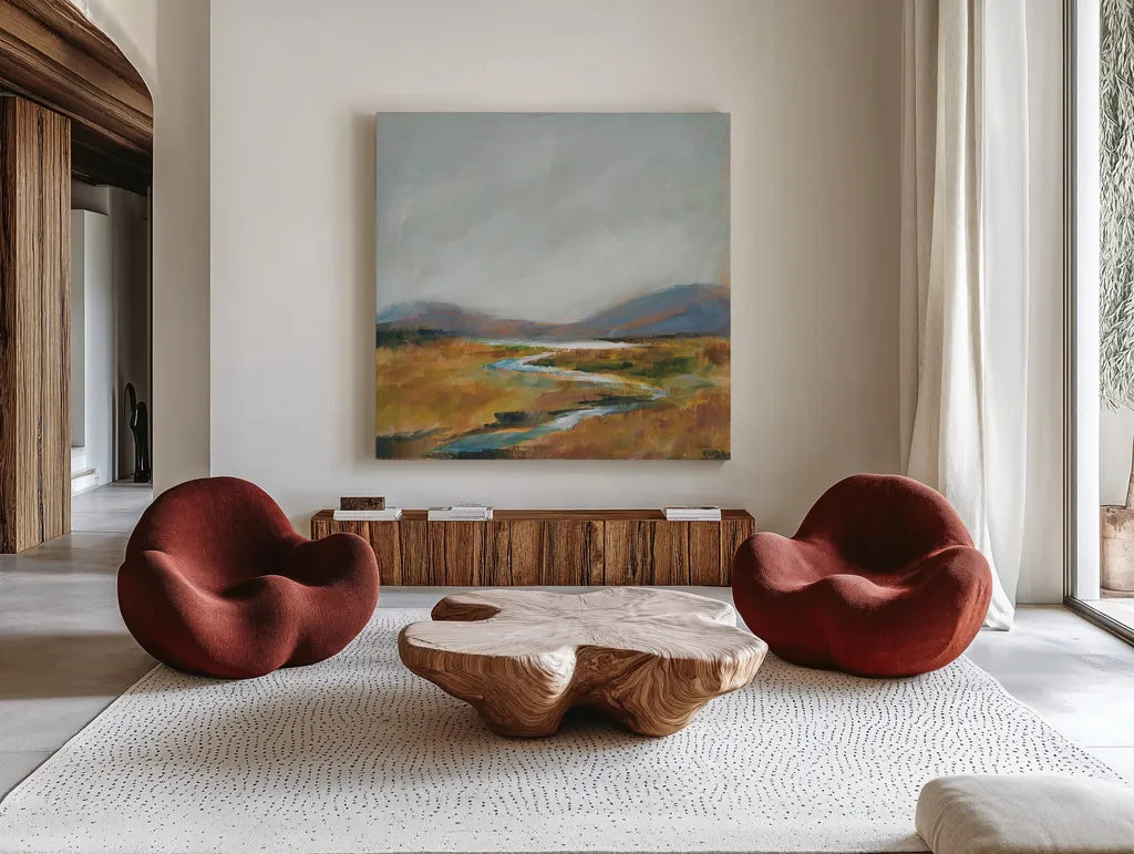 Fragile Wetland by Sue Schlabach. Shown as extra-large giant wall art in a modern living room. Available as an archival giclee rolled canvas, fine art paper, or poster print. SKU 71539a.