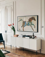 Free Spirit I by Sue Schlabach. shown as a framed stretched canvas in a living room above a console. Available as a archival giclee rolled canvas, fine art paper, or poster print. SKU 36514i.