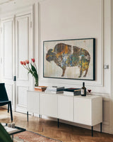 Free Spirit II by Sue Schlabach. shown as a framed stretched canvas in a living room above a console. Available as a archival giclee rolled canvas, fine art paper, or poster print. SKU 36515i.