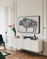 Free Spirit II Red White Blue by Sue Schlabach. shown as a framed stretched canvas in a living room above a console. Available as a archival giclee rolled canvas, fine art paper, or poster print. SKU 36801i.