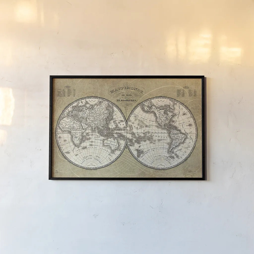 French World Map I by Sue Schlabach. shown as a paper print in a black flame. Available as a archival giclee rolled canvas, fine art paper, or poster print. SKU 13225i.