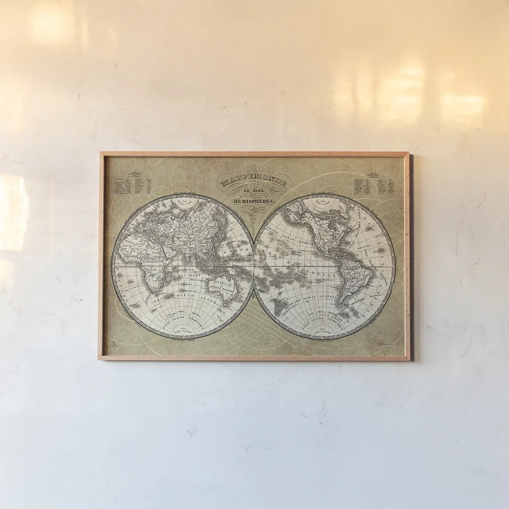 French World Map I by Sue Schlabach. shown as a paper print in a natural frame. Available as a archival giclee rolled canvas, fine art paper, or poster print. SKU 13225i.