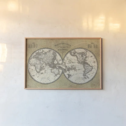French World Map I by Sue Schlabach. shown as a paper print in a natural frame. Available as a archival giclee rolled canvas, fine art paper, or poster print. SKU 13225i.