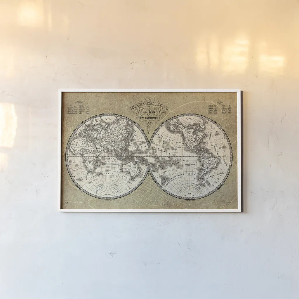 French World Map I by Sue Schlabach. shown as a paper print in a white frame. Available as a archival giclee rolled canvas, fine art paper, or poster print. SKU 13225i.