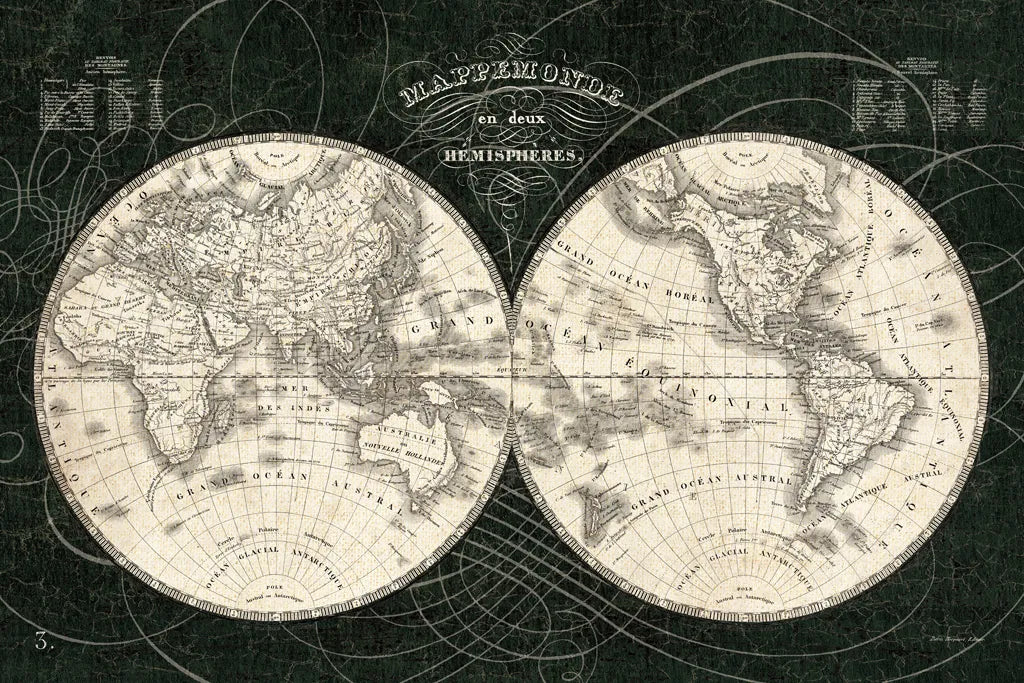 French World Map I Black and White by Sue Schlabach. SKU 44666i. Archival Giclee Fine art print for wall decor.