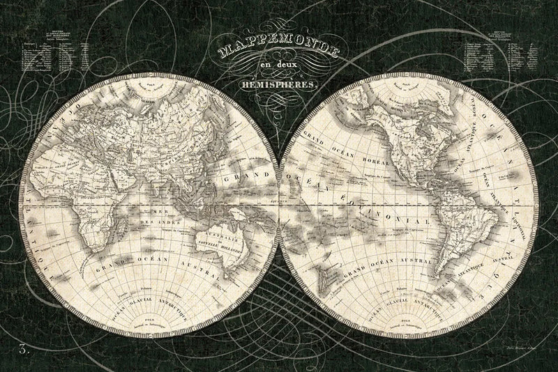 French World Map I Black and White by Sue Schlabach. SKU 44666i. Archival Giclee Fine art print for wall decor.