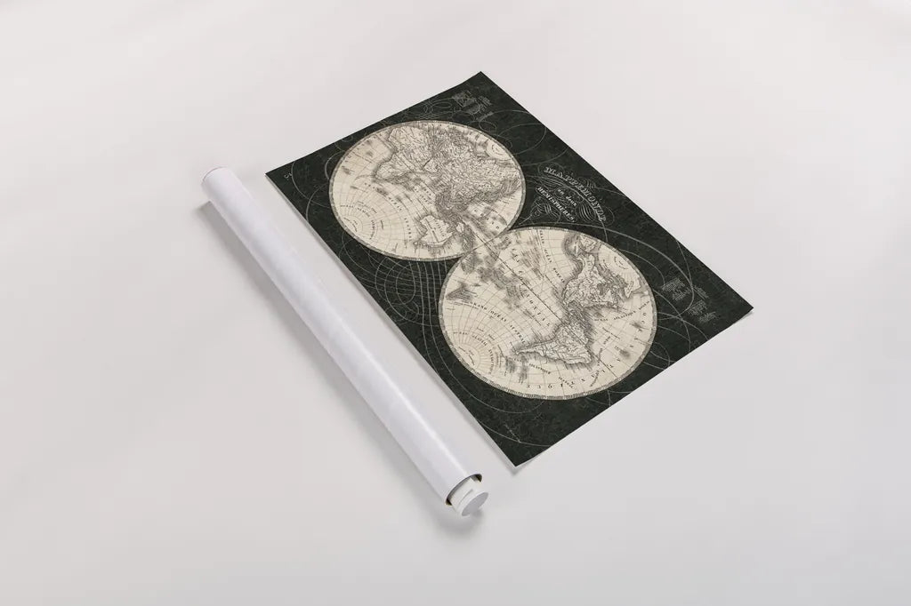 French World Map I Black and White by Sue Schlabach. shown as a rolled paper print. Available as archival giclee rolled canvas, fine art paper, or poster print. SKU 44666i.