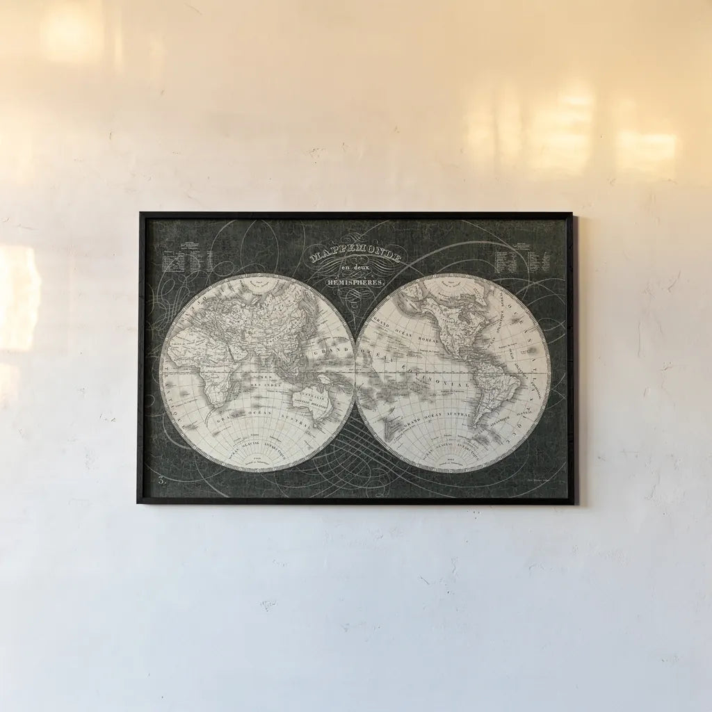 French World Map I Black and White by Sue Schlabach. shown as a paper print in a black flame. Available as a archival giclee rolled canvas, fine art paper, or poster print. SKU 44666i.
