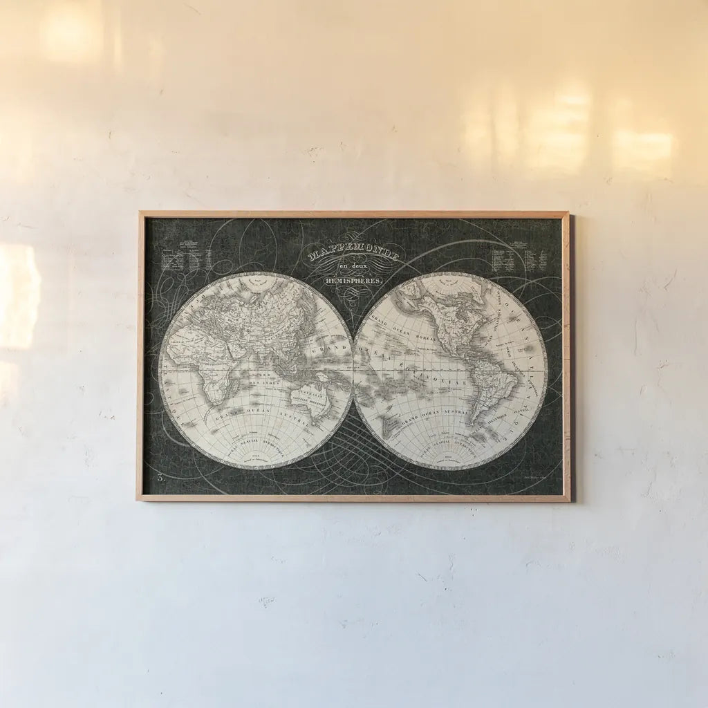 French World Map I Black and White by Sue Schlabach. shown as a paper print in a natural frame. Available as a archival giclee rolled canvas, fine art paper, or poster print. SKU 44666i.