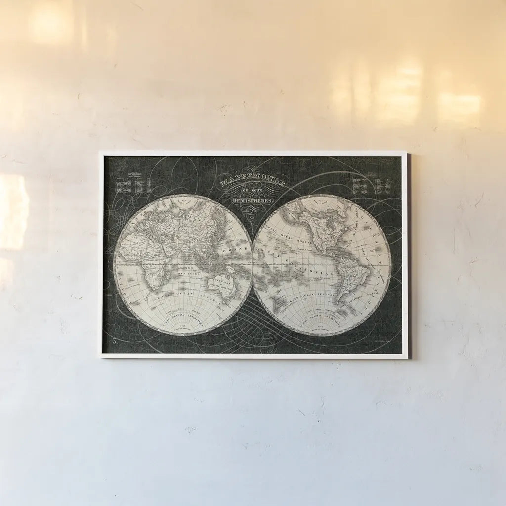French World Map I Black and White by Sue Schlabach. shown as a paper print in a white frame. Available as a archival giclee rolled canvas, fine art paper, or poster print. SKU 44666i.