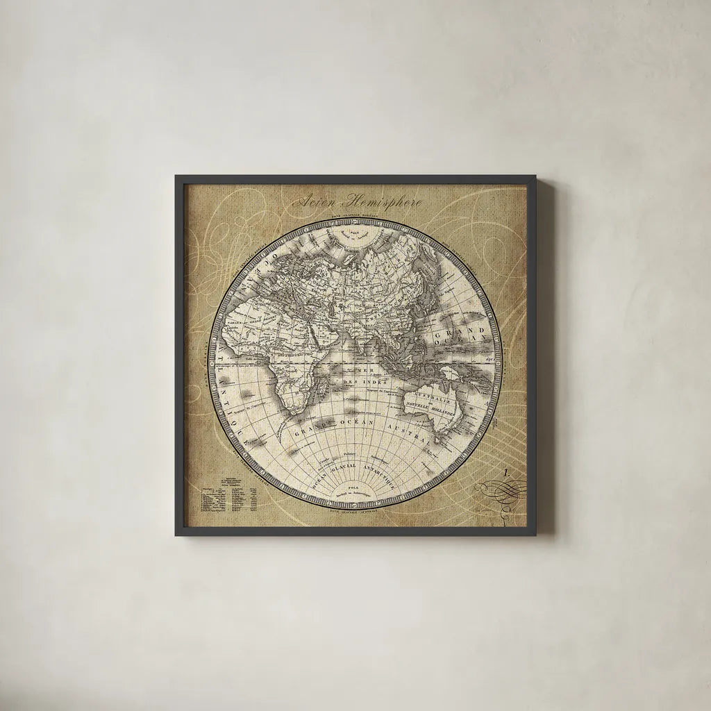 French World Map II by Sue Schlabach. Shown in a sleek black glass frame for a contemporary gallery look. Available as an archival giclee rolled canvas, fine art paper, or poster print. SKU 13226a.