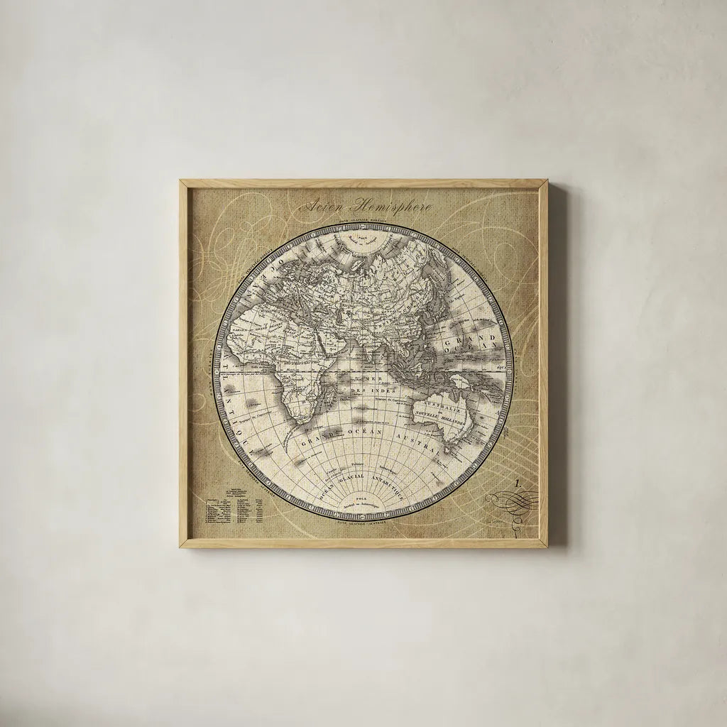 French World Map II by Sue Schlabach. Shown in a natural wood glass frame for a timeless modern aesthetic. Available as an archival giclee rolled canvas, fine art paper, or poster print. SKU 13226a.