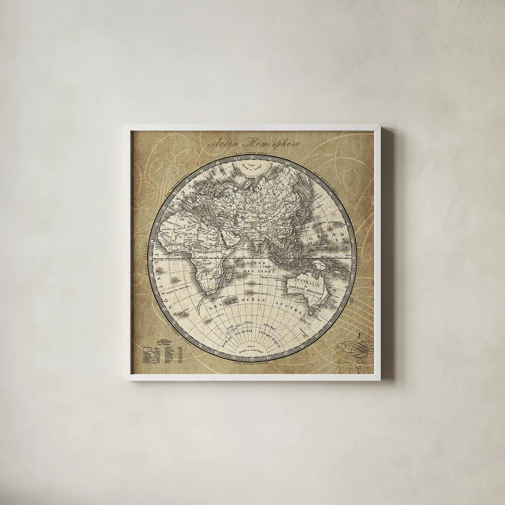 French World Map II by Sue Schlabach. Shown in a crisp white glass frame for a clean and minimalist style. Available as an archival giclee rolled canvas, fine art paper, or poster print. SKU 13226a.