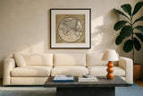 French World Map II by Sue Schlabach. Displayed in a glass frame with matte in a clean modern living room. Available as an archival giclee rolled canvas, fine art paper, or poster print. SKU 13226a.