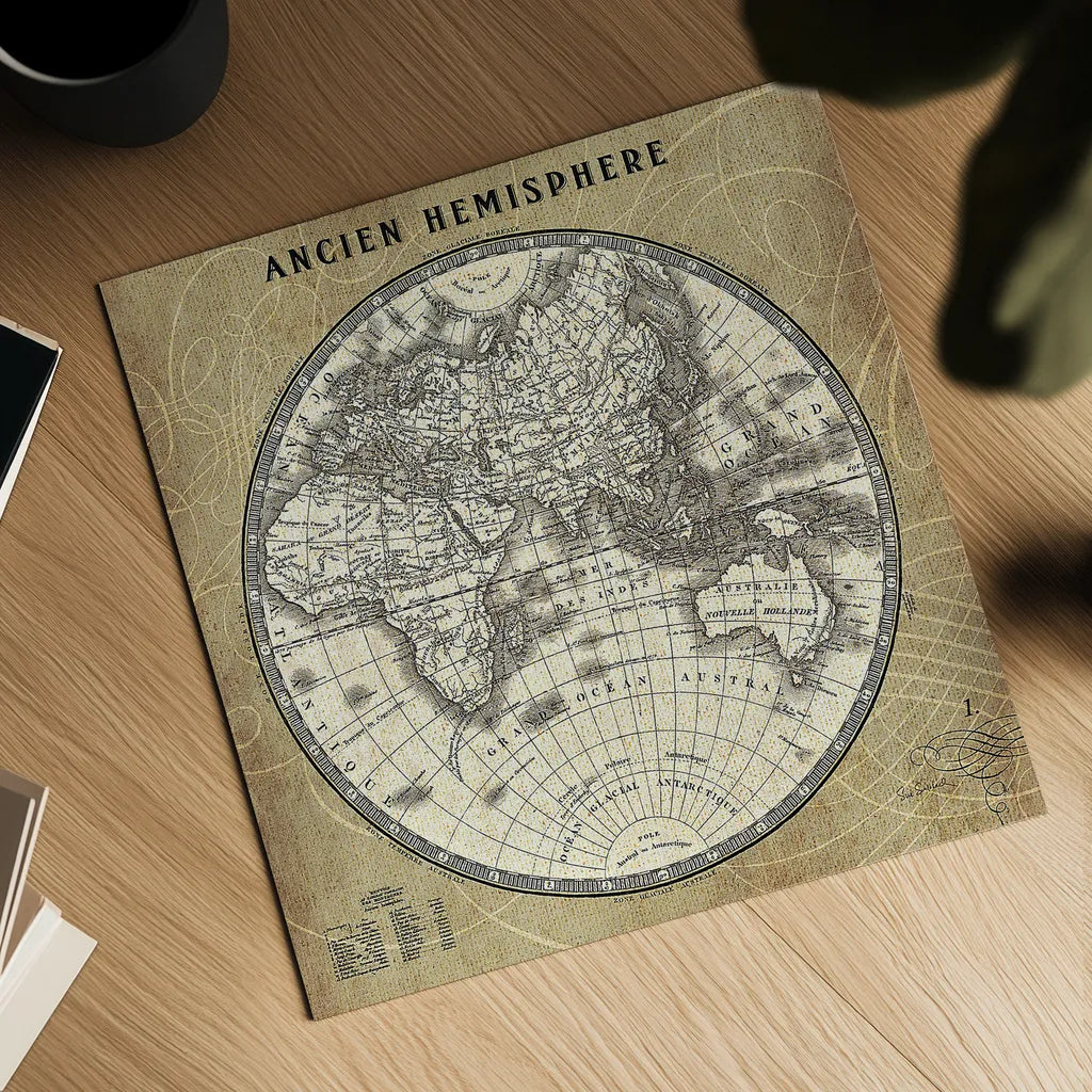 French World Map II by Sue Schlabach. Shown as a detailed flat fine art print, highlighting archival giclee quality. Available as an archival giclee rolled canvas, fine art paper, or poster print. SKU 15689a.