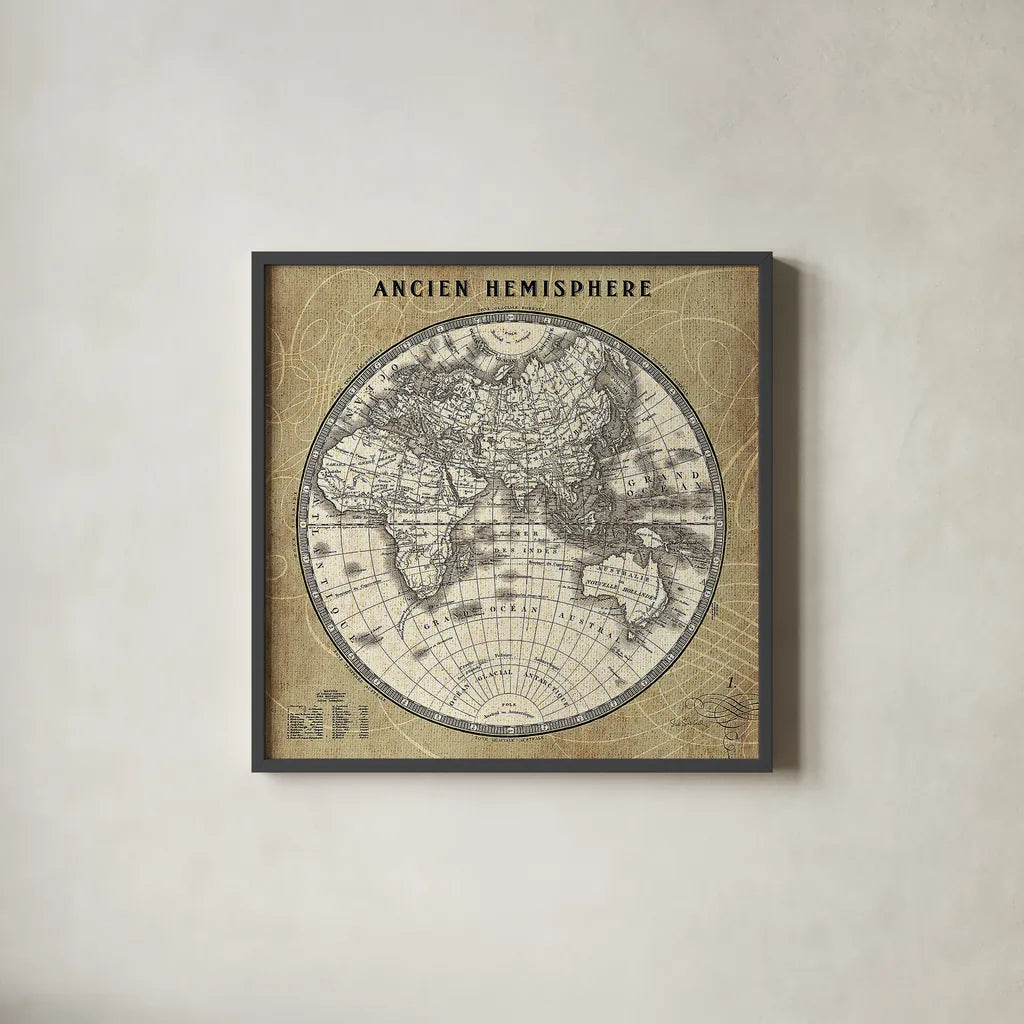 French World Map II by Sue Schlabach. Shown in a sleek black glass frame for a contemporary gallery look. Available as an archival giclee rolled canvas, fine art paper, or poster print. SKU 15689a.