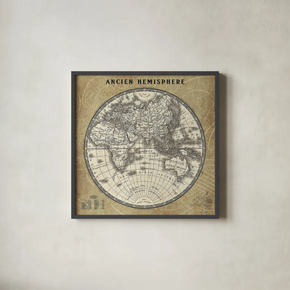 French World Map II by Sue Schlabach. Shown in a sleek black glass frame for a contemporary gallery look. Available as an archival giclee rolled canvas, fine art paper, or poster print. SKU 15689a.